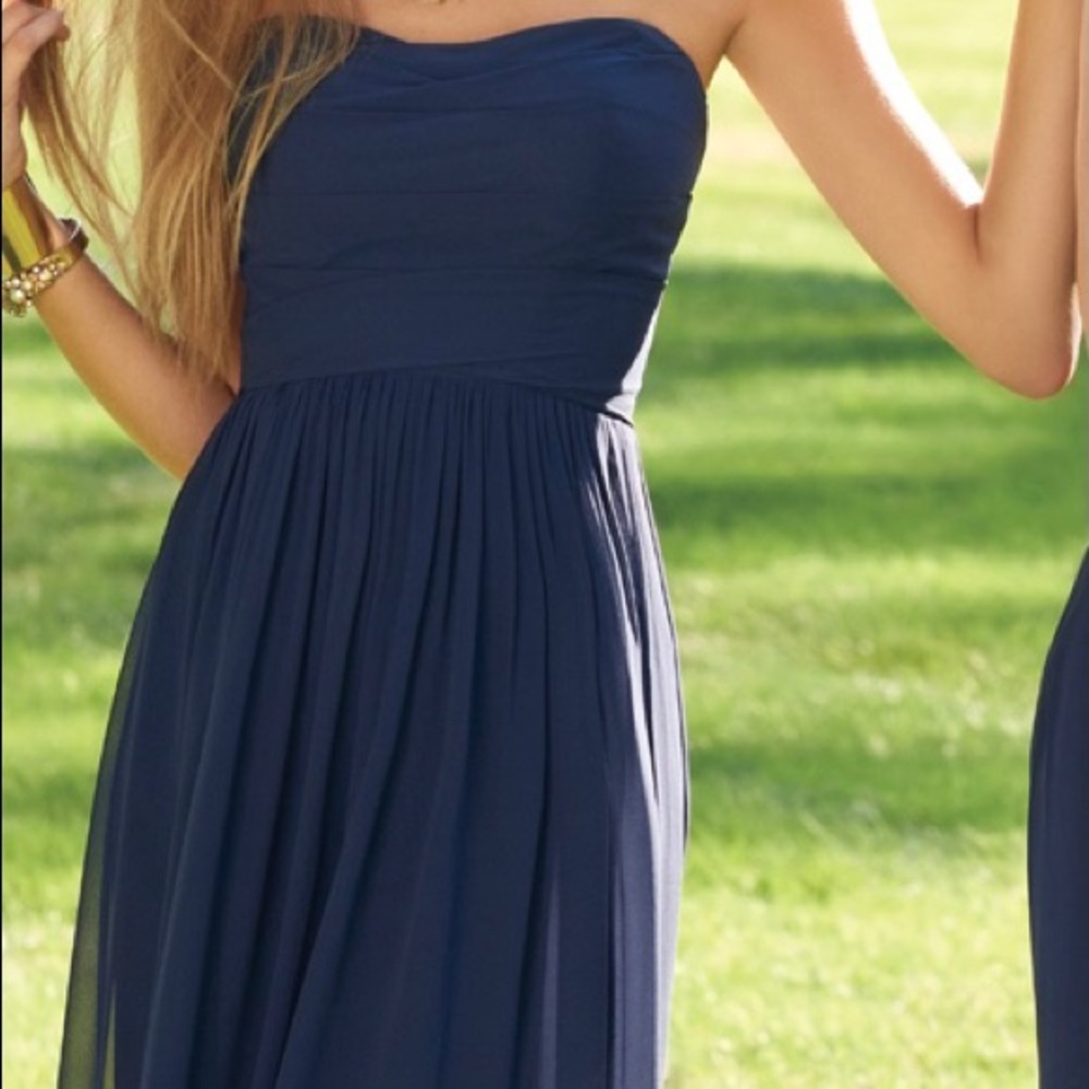 Long Strapless Navy Blue Chiffon Dress